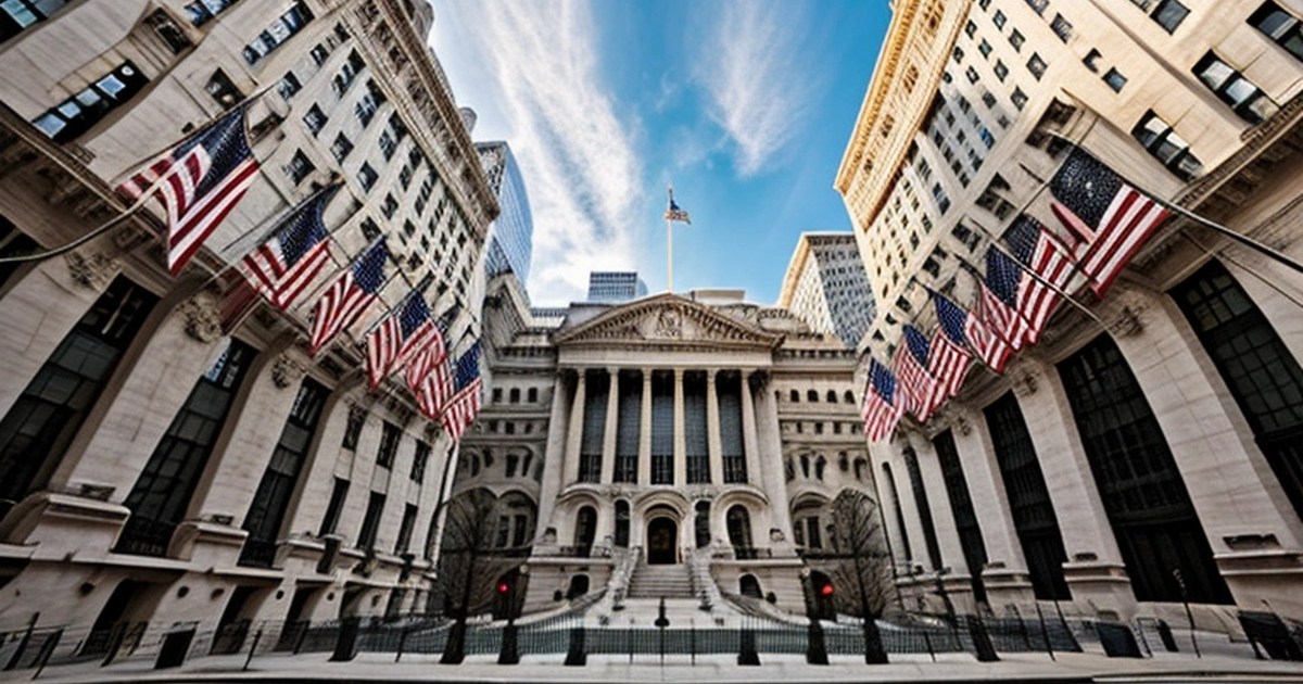 New York Menkul Kıymetler Borsası binasının dış cephesi ve ABD bayrakları.