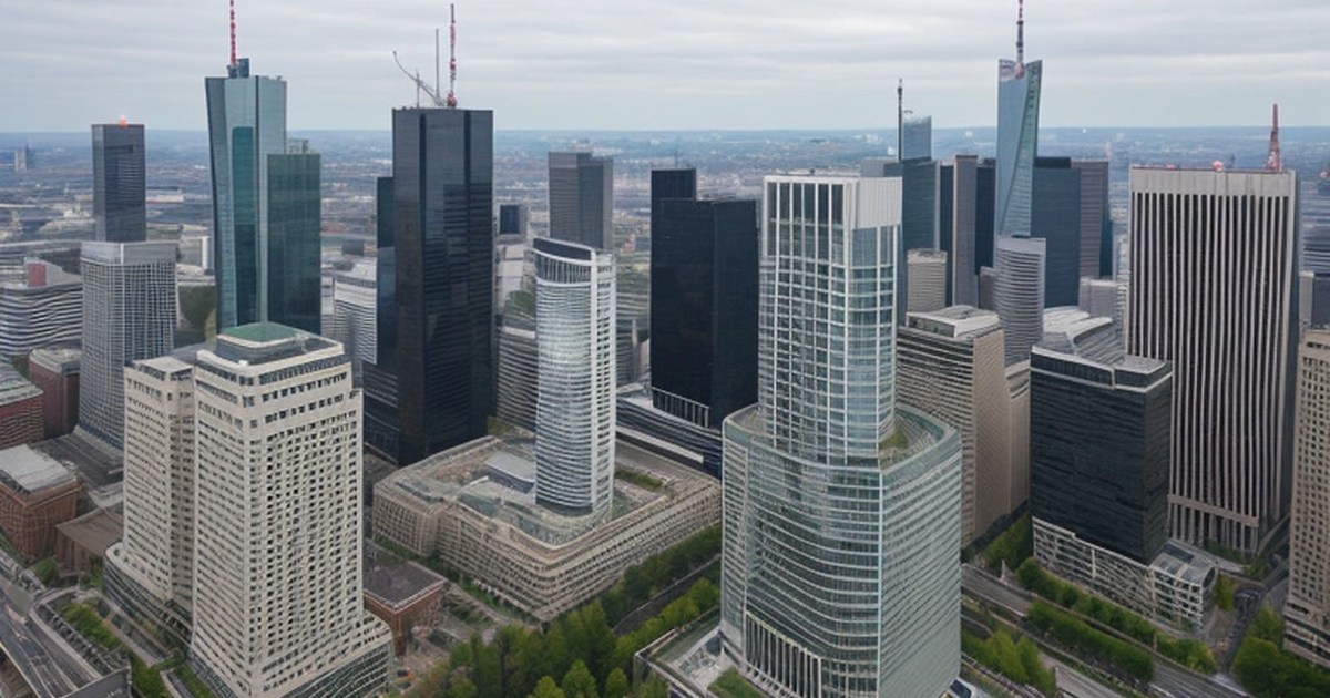 Avrupa Merkez Bankası binası ve Frankfurt finans merkezi genel görünümü