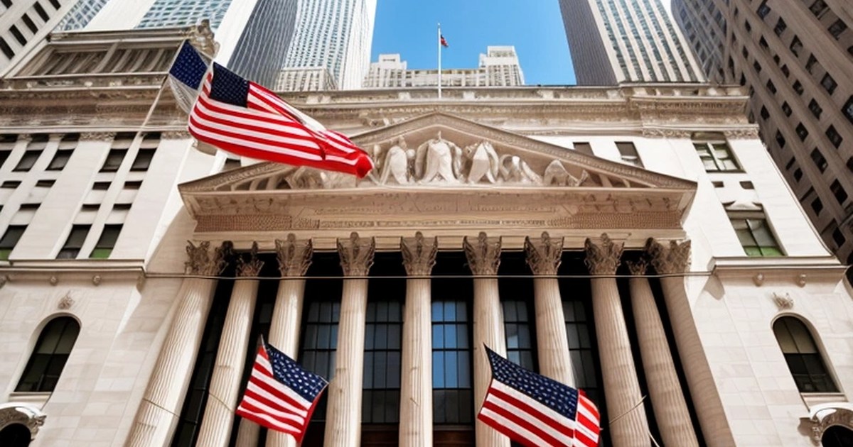 Wall Street borsa binası ve Amerikan bayrakları önünde finansal hareketlilik