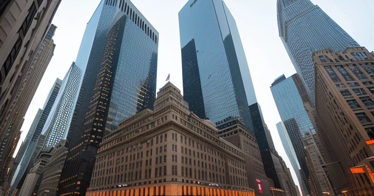 Wall Street borsa binası önünde finansal grafikler ve dijital ekranlar
